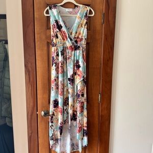 Coco & Main Wrap Maxi Dress Women’s Large Aqua Floral V Neck Summer High Low